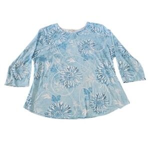 Jess & Jane Juliet Blue Floral 3/4 Sleeve Top Women 2X Artsy Lagenlook Shirt
